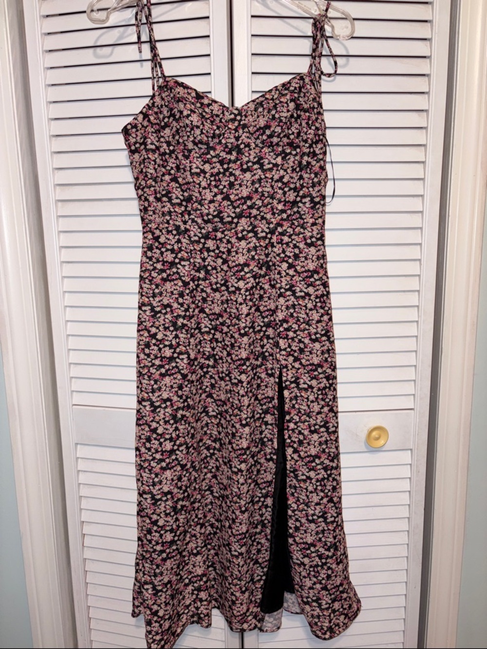 Floral Slip Midi Dress with Side Slit - Pink on Black Size S